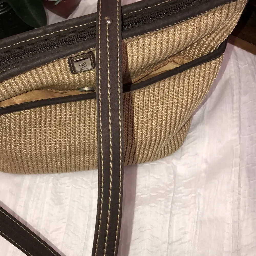 lina Woven Knit Macrame Thread Vinyl Combo Hobo Tan Brown Shoulder Bag